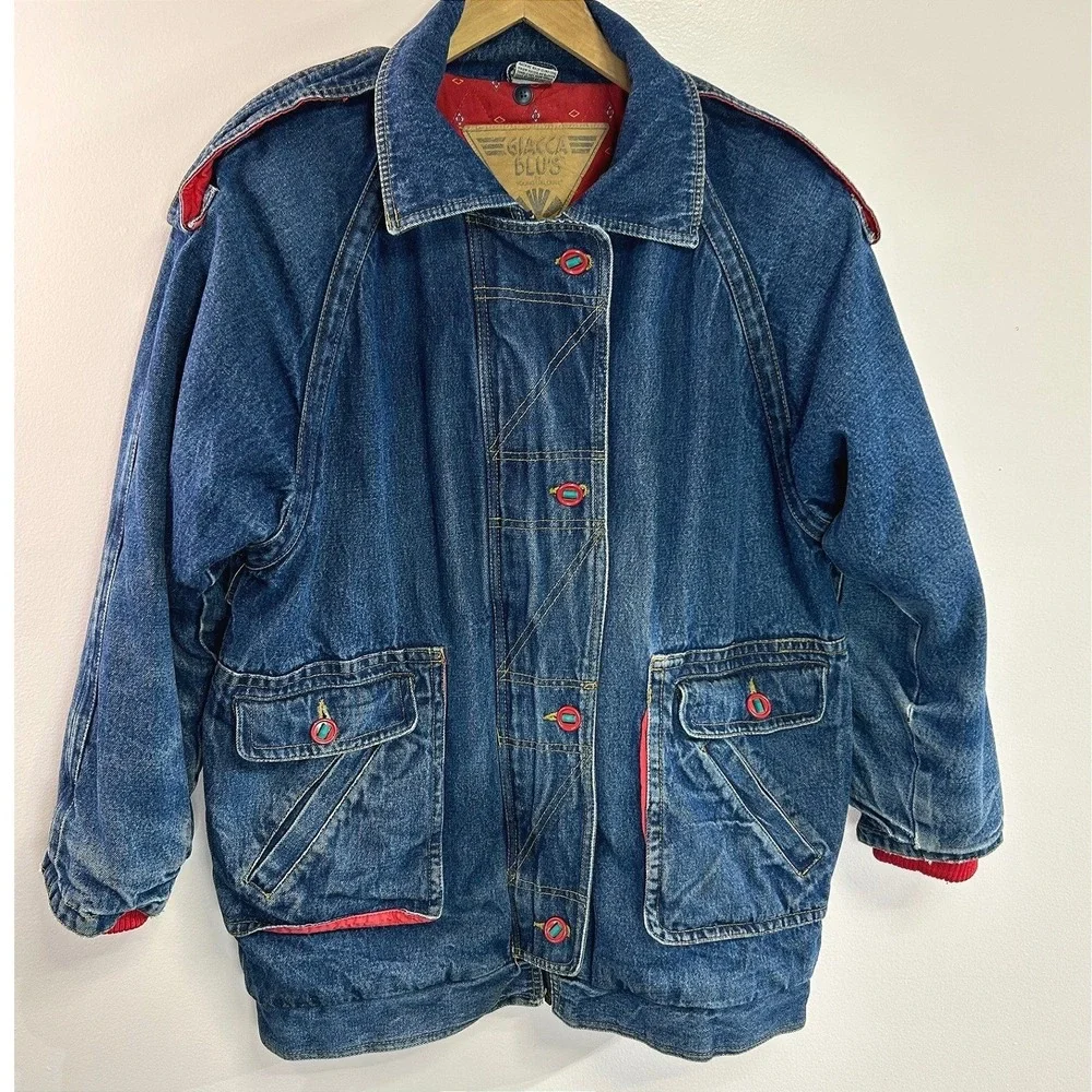 Vintage 90s Denim Parka Jacket L Red Quilted Lined Streetwear‎ Grunge Retro
